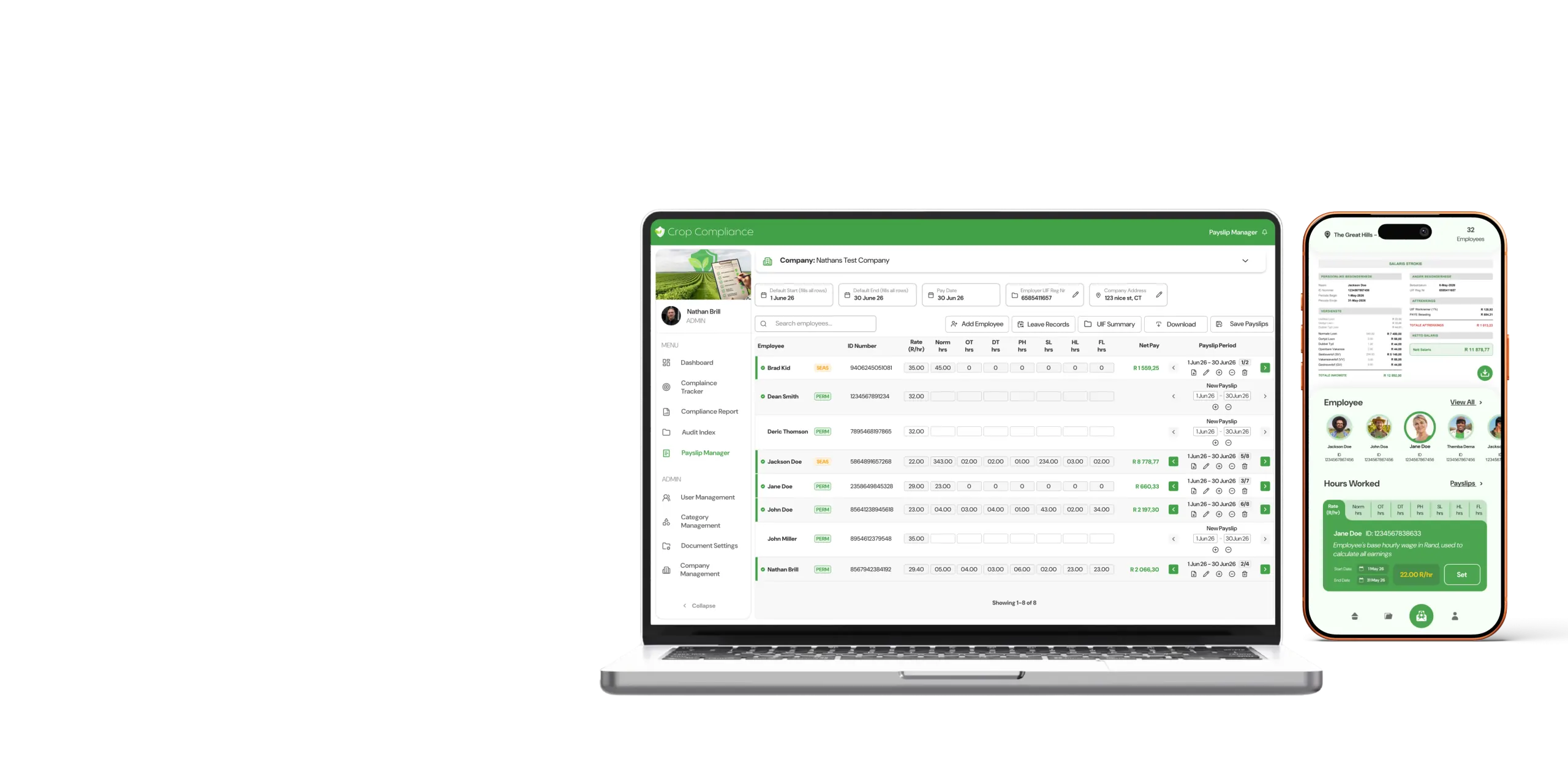 Payslip manager view in the Crop Compliance app