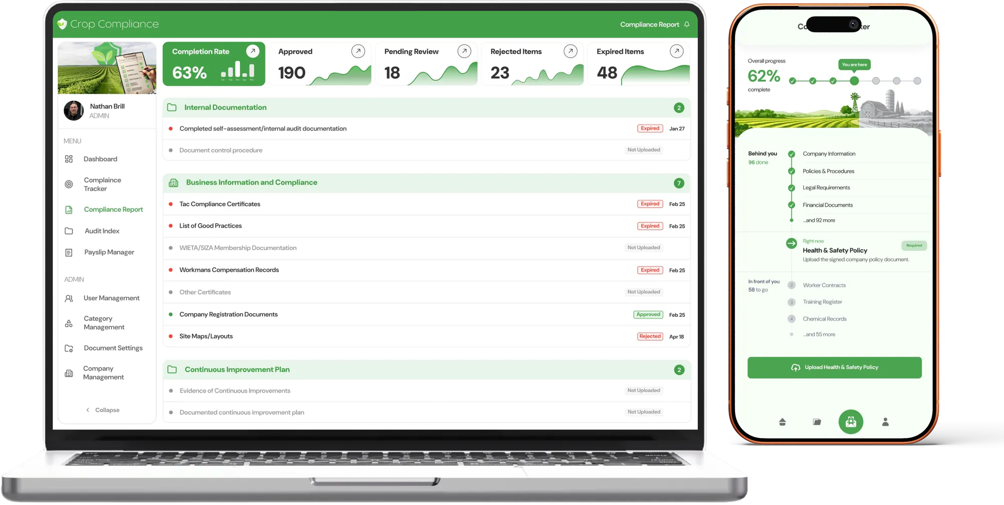 Compliance Report on a laptop and progress view on a phone