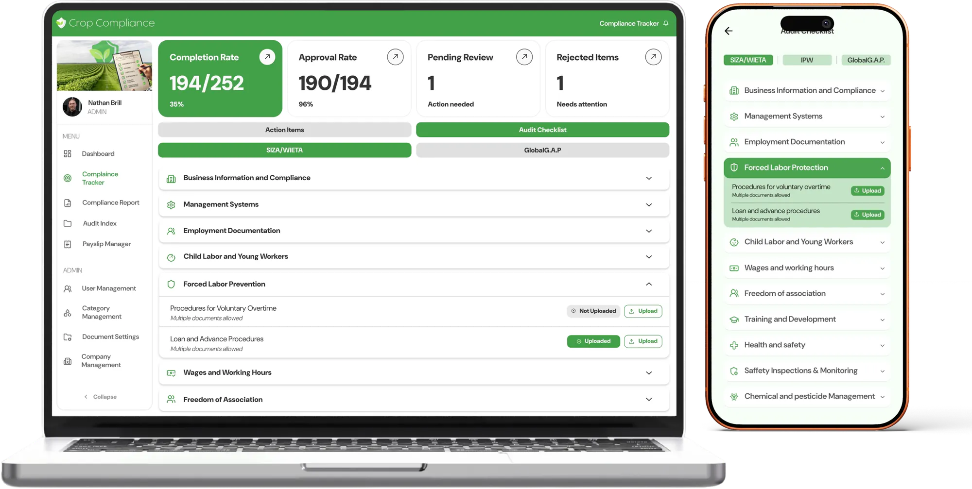 Compliance Tracker with the audit checklist on a laptop and phone