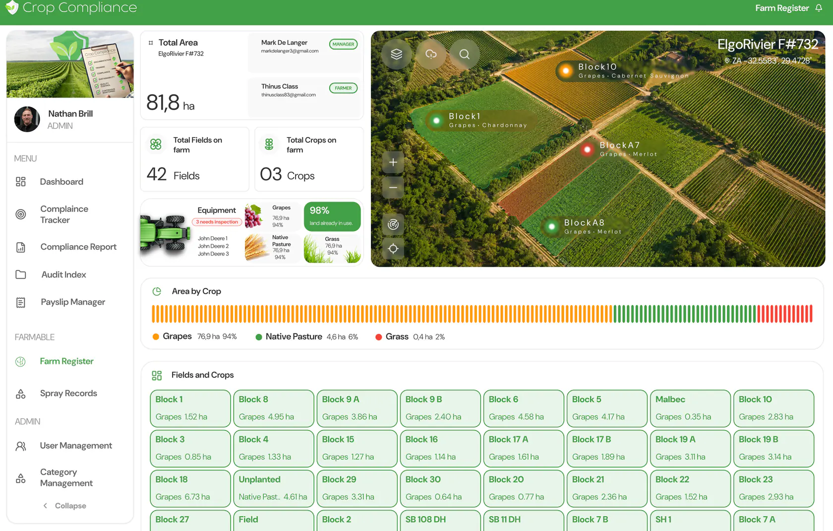 Field Records with a satellite view of farm blocks, crop distribution and a fields and crops list