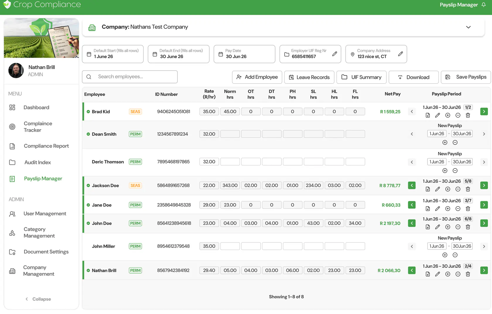 Payslip Manager grid with hours, overtime, leave and net pay for each employee