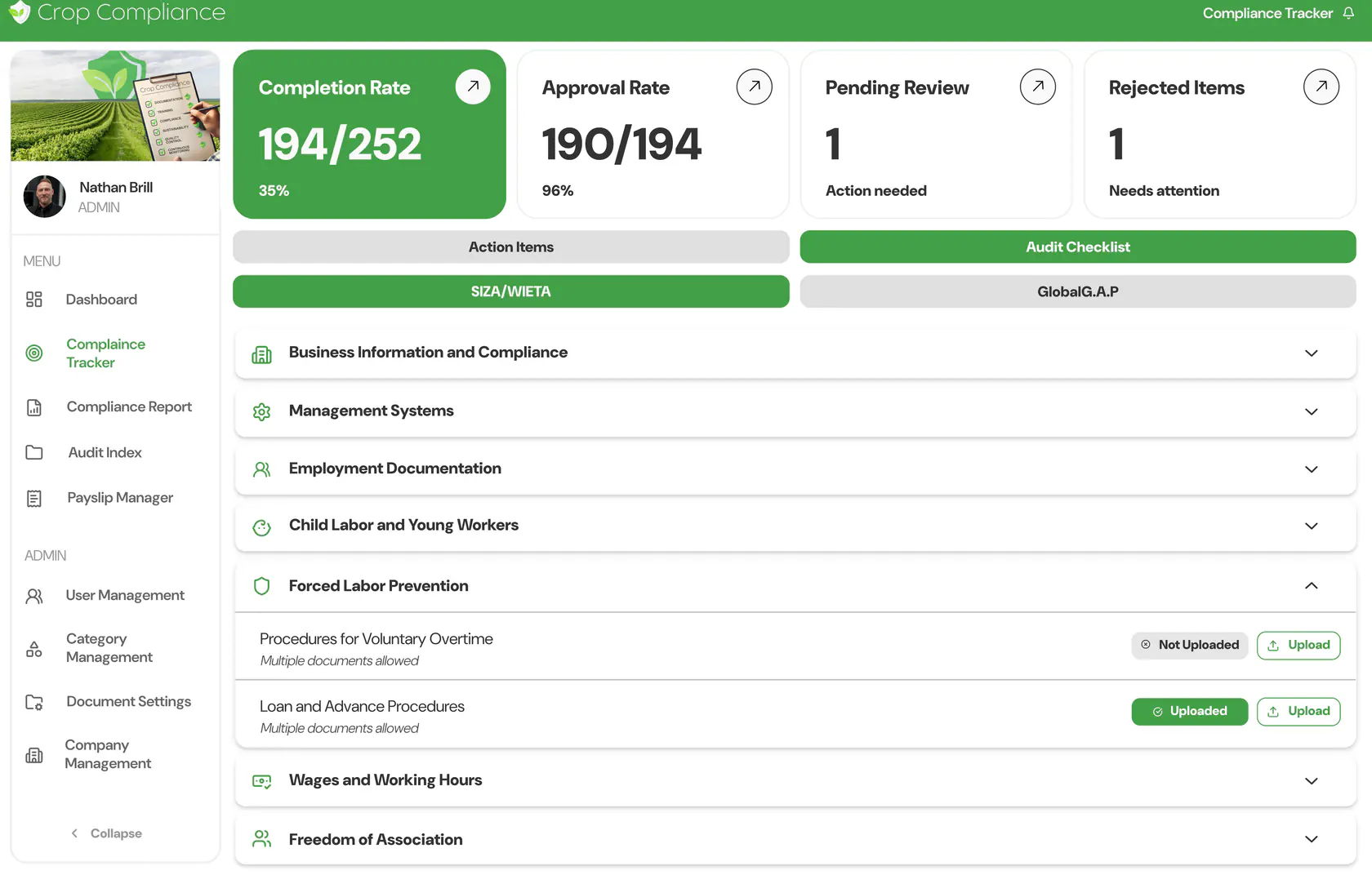 Compliance Tracker with headline cards and the SIZA/WIETA audit checklist grouped by category